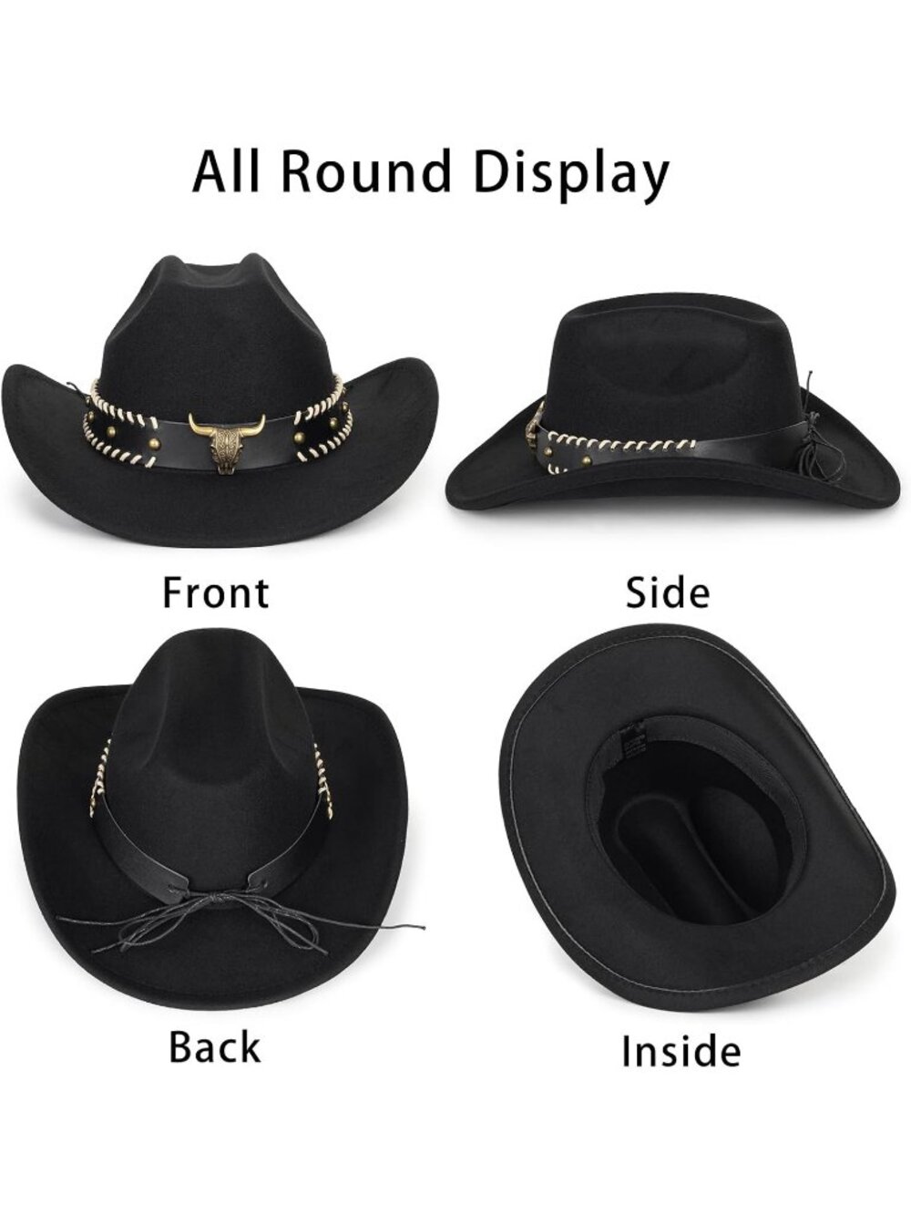 Unisex Black Bull Western Cowboy Hat Classic Roll Up Fedora Hat with Buckle Belt - Picture 5 of 5